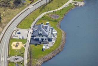 Aerial view, gastronomy home harbour at the lakeside promenade Seestraße, Sorpesee, Amecke,