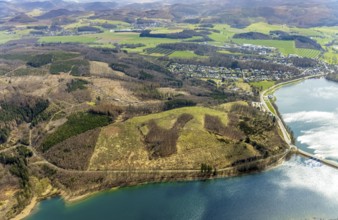 Aerial photo, forest damage in the forest area at Sorpesee, Amecke, Sundern, Sauerland, North