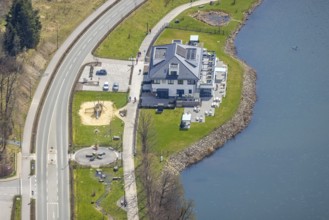 Aerial view, gastronomy home harbour at the lakeside promenade Seestraße, Sorpesee, Amecke,