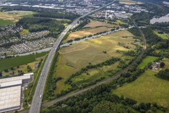 Aerial view, motorway A1 near Hagen and Schwerte, a week ago there was still land under water at
