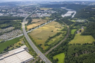 Aerial view, motorway A1 near Hagen and Schwerte, a week ago there was still land under water at
