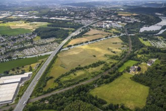 Aerial view, motorway A1 near Hagen and Schwerte, a week ago there was still land under water at