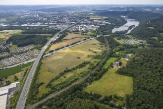 Aerial view, motorway A1 near Hagen and Schwerte, a week ago there was still land under water at