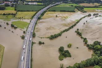 Aerial photo, Ruhr flood, Ruhr bridge of the Sauerland line A45, motorway bridge A45, Wandhofen,