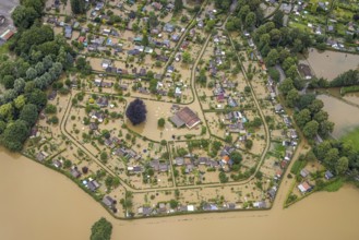 Aerial view, Ruhr flood, flooded campsite, Amsel restaurant on the Ruhr Valley cycle path in