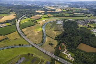 Aerial view, motorway A45 Sauerlandlinie with Ruhr bridge, a week ago the Ruhr was flooded, course