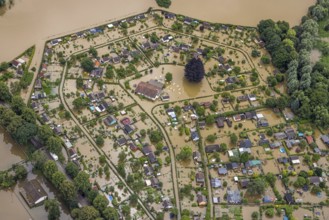 Aerial photo, Ruhr flood, flooded campsite Amsel restaurant on the Ruhr Valley cycle path in