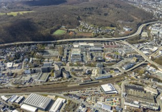 Aerial view, Weidenau railway station, tax office, town administration and town hall, view of
