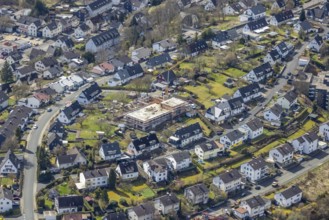 Aerial view, construction site and new building of the Protestant Kindergarten Schießberg,