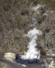 Aerial view, combustion with smoke in Geisweid quarry, Geisweid steelworks, Siegen, Siegerland,