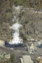 Aerial view, combustion with smoke in Geisweid quarry, Geisweid steelworks, Siegen, Siegerland,