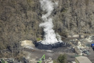 Aerial view, combustion with smoke in Geisweid quarry, Geisweid steelworks, Siegen, Siegerland,
