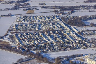 Aerial view, residential area settlement Ardeyweg, snow, winter, snow on roofs, Soest, Soester