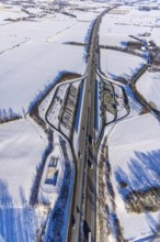 Aerial photo, Ostönner Grund rest area on the A44 motorway, snow, winter, rest areas, trucks,