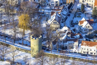Aerial view, historical calico tower, city wall, Jakobi, Soest, Soester Börde, North