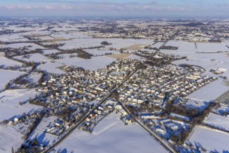 Aerial view, overview Ampen, snow-covered fields, winter, Soest, Soester Börde, North