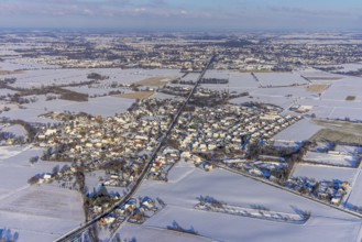 Aerial view, overview Ampen, snow-covered fields, winter, Soest, Soester Börde, North
