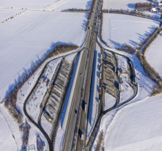 Aerial photo, Ostönner Grund rest area on the A44 motorway, snow, winter, rest areas, trucks,