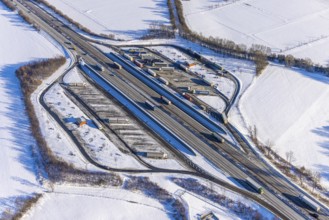 Aerial photo, Ostönner Grund rest area on the A44 motorway, snow, winter, rest areas, trucks,