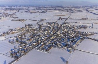 Aerial view, overview Ostönnen, snow-covered houses and fields, winter Soest, Soester Börde, North
