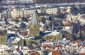 Aerial view, Catholic Church St. Patrokli Cathedral, snow, winter, Soest, Soester Börde, North