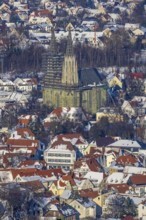 Aerial photo, Protestant Church of St. Maria zur Wiese, winter, snow, scaffolding around a church