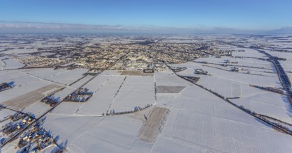 Aerial view, overview Soest, snow-covered fields, snow, winter, Soest, Soester Börde, North