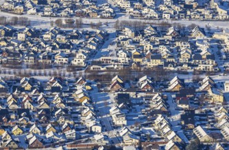 Aerial view, residential area settlement Ardeyweg, snow, winter, snow on roofs, Soest, Soester