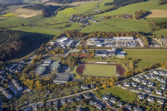 Aerial view, construction site with new building on the premises of the Feldhaus group of companies