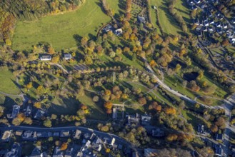 Aerial view, autumnal tree landscape in the spa gardens in Schmallenberg, Sauerland, North