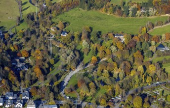 Aerial view, autumnal tree landscape in the spa gardens in Schmallenberg, Sauerland, North