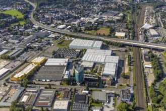 Aerial view, Einkaufsbüro Deutscher Eisenhändler EDE office tower and commercial area Dieselstraße