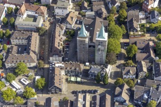 Aerial view, church tower renovation of the evang. Christuskirche in Schwelm, Ruhr area, North