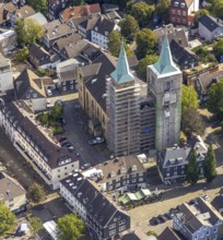 Aerial view, church tower renovation of the evang. Christuskirche in Schwelm, Ruhr area, North