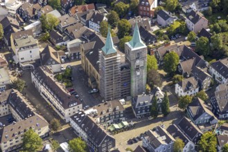 Aerial view, church tower renovation of the evang. Christuskirche in Schwelm, Ruhr area, North