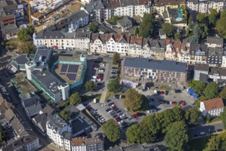 Aerial view, construction site for new cultural centre at Wilhelmsplatz and savings bank building