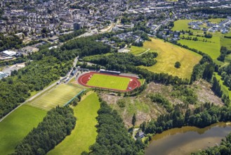 Aerial view, Kreuzbergstadion, Olpe-Stadt, Olpe, Sauerland, North Rhine-Westphalia, Germany, DE,