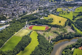 Aerial view, Kreuzbergstadion, Olpe-Stadt, Olpe, Sauerland, North Rhine-Westphalia, Germany, DE,