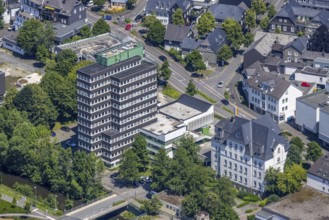 Aerial view, Olpe town hall and town archive, Olpe town, Olpe, Sauerland, North Rhine-Westphalia,
