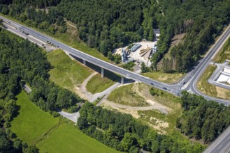 Aerial view, motorway junction Olpe, A45 and B54, Geländer Frischbeton Olpe GmbH, Olpe-Stadt, Olpe,