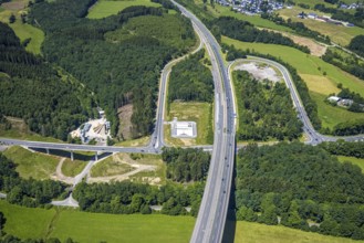 Aerial view, motorway junction Olpe, A45 and B54, Geländer Frischbeton Olpe GmbH, Olpe-Stadt, Olpe,
