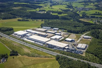 Aerial view, construction site in the Nicolaus-Otto-Straße industrial estate, Olpe town, Olpe,
