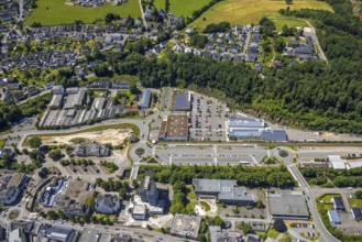 Aerial view, city centre, town hall and city archive, Olpe railway and bus station, car park Alter