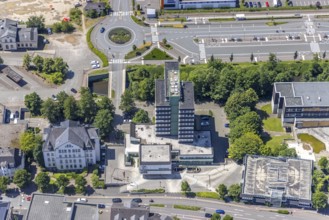 Aerial view, Olpe town hall and town archive, Olpe town, Olpe, Sauerland, North Rhine-Westphalia,