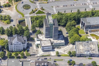 Aerial view, Olpe town hall and town archive, Olpe town, Olpe, Sauerland, North Rhine-Westphalia,