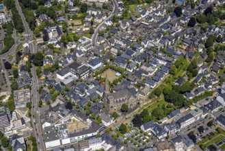 Aerial view, St. Martinus Church, town wall with angel tower, market square and town centre, Olpe