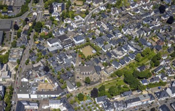Aerial view, St. Martinus Church, town wall with angel tower, market square and town centre, Olpe