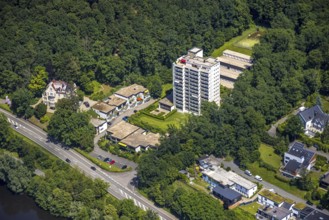 Aerial view, Biggehochhaus and Biggeschlösschen am Biggesee, Olpe-Stadt, Olpe, Sauerland, North