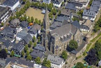 Aerial view, St. Martinus Church, town wall with angel tower, market square and town centre, Olpe