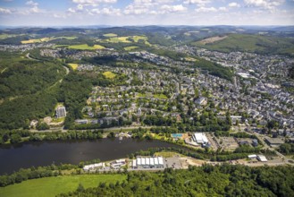 Aerial view, Biggesee, Obersee, leisure pool Olpe, Sea Bounce Indoorsport, Biggehochhaus and